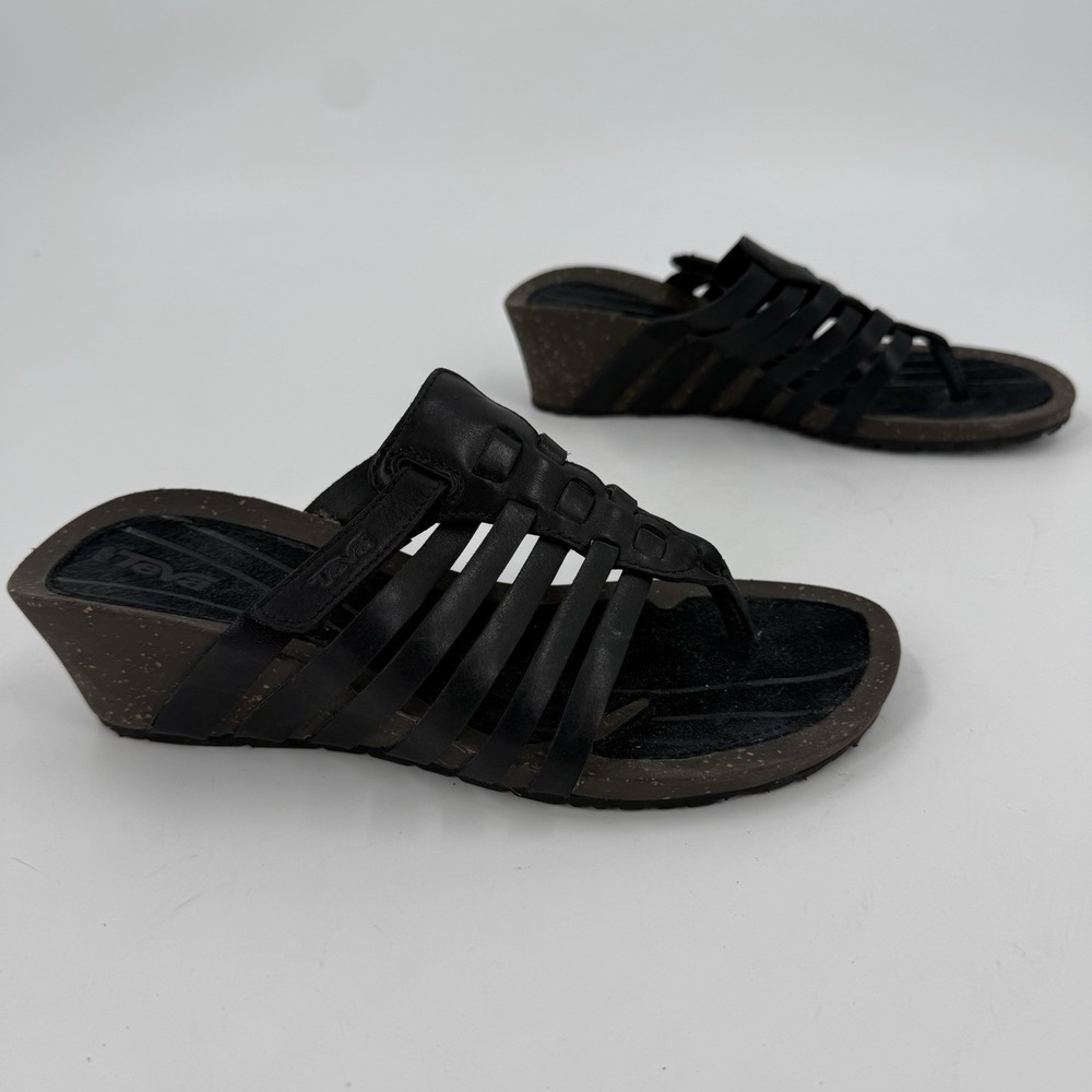 Teva Women's Size 7 Black Leather Strappy Wedge Sandals Comfort Shoes New